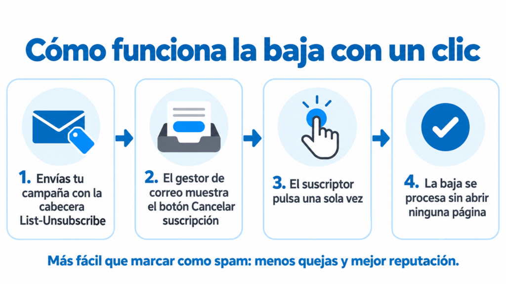 4-step infographic of one-click unsubscribe: the List-Unsubscribe header, the email client's Unsubscribe button, the subscriber's click and the processed unsubscribe