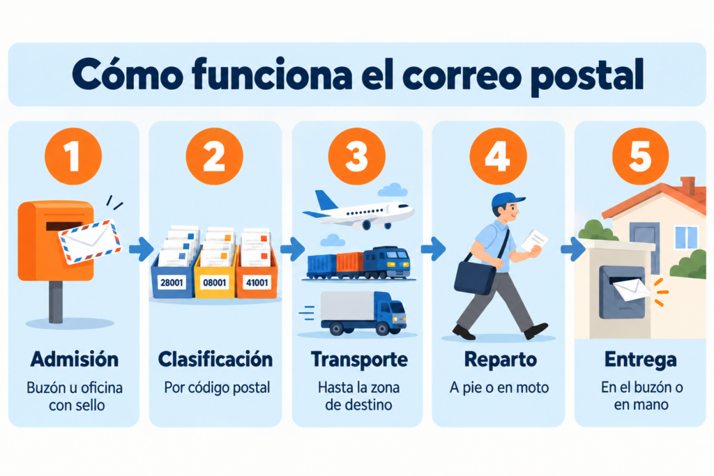 Infográfico sobre como funciona o correio postal em 5 etapas: postagem, triagem, transporte, distribuição e entrega