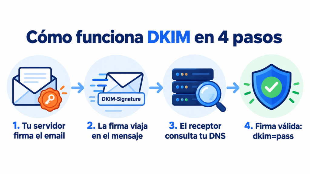 How DKIM works in 4 steps: your server signs the email, the signature travels in the message, the receiver queries your DNS and a valid signature gives dkim=pass