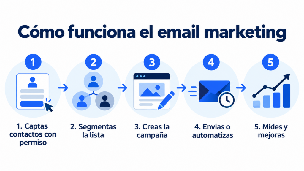 Cómo funciona el email marketing en 5 pasos: captar con permiso, segmentar, crear, enviar o automatizar y medir