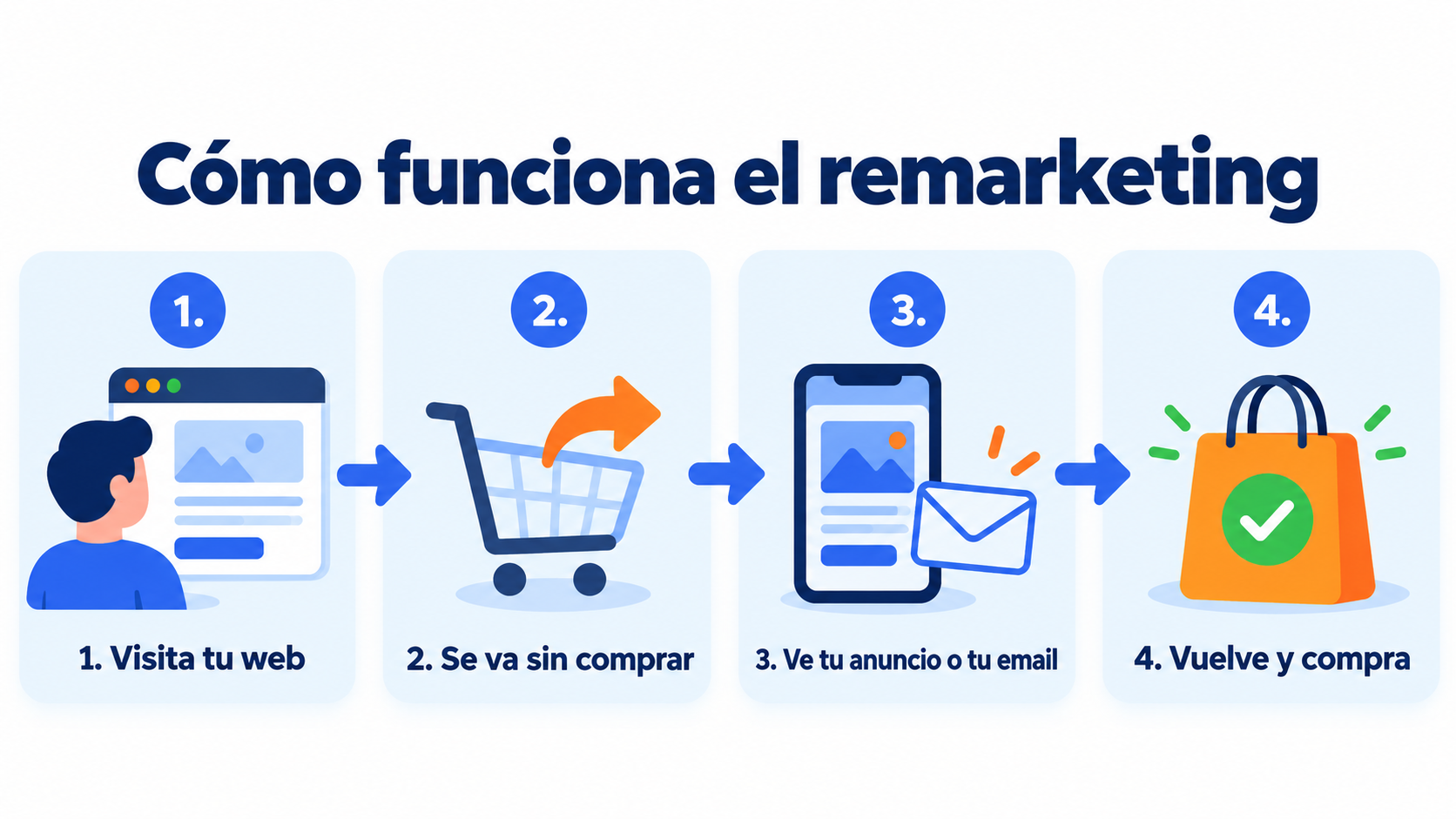 Como funciona o remarketing: a pessoa visita o seu site, sai sem comprar, vê o seu anúncio ou o seu email, volta e compra