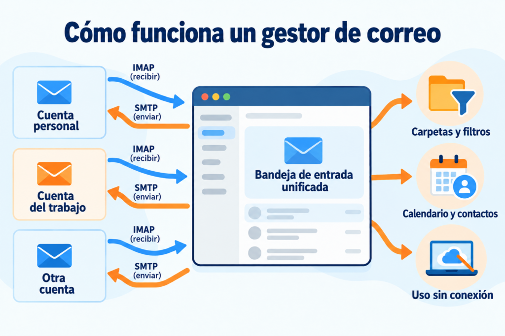Infografía de cómo funciona un gestor de correo: varias cuentas se conectan por IMAP y SMTP a una bandeja de entrada unificada con carpetas, calendario y uso sin conexión