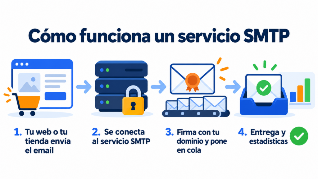 How an SMTP service works: your website or store sends the email, it connects to the SMTP service, it is signed with your domain and queued, and it is delivered with statistics
