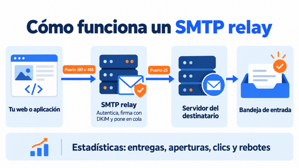 Como funciona um SMTP relay: seu site ou aplicativo se conecta ao relay pela porta 587 ou 465, o relay autentica e assina o email com DKIM, coloca na fila, busca o registro MX e o entrega pela porta 25 ao servidor do destinatário, e devolve estatísticas para você