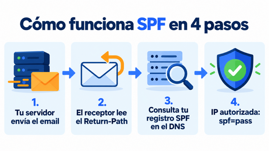 How SPF works in 4 steps: your server sends the email, the receiver reads the Return-Path, checks your SPF record in the DNS and the authorized IP gives spf=pass