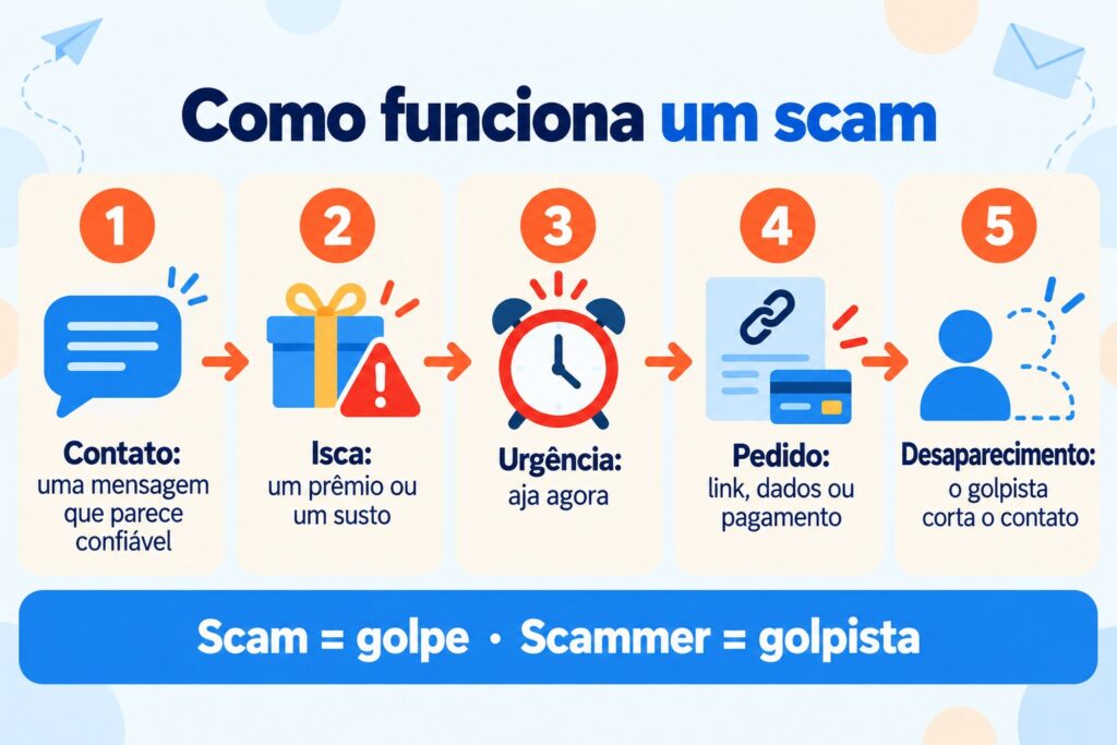 Como funciona um scam: contato, isca, urgência, pedido e desaparecimento do golpista