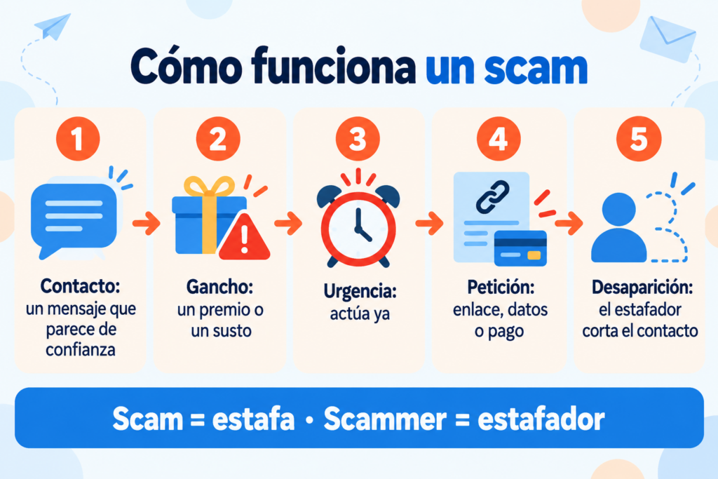 Cómo funciona un scam: contacto, gancho, urgencia, petición y desaparición del estafador