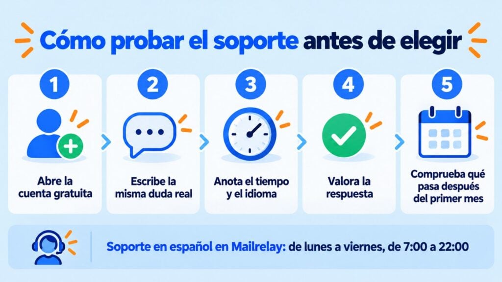 Infographic: five steps to test an email marketing software's support before choosing, and Mailrelay's Spanish-language support hours