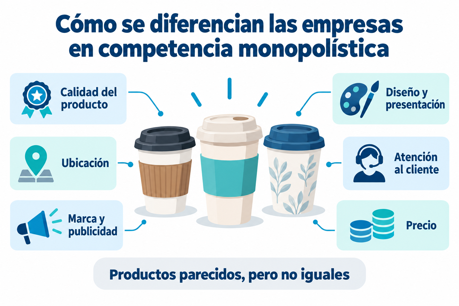 Infográfico de como as empresas se diferenciam na concorrência monopolista: qualidade, design, localização, atendimento ao cliente, marca e preço