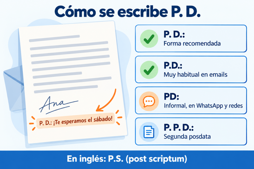 Como se escreve P. D., o P.S. em espanhol: o pós-escrito vai depois da assinatura; formas P. D., P.D., PD e P. P. D.