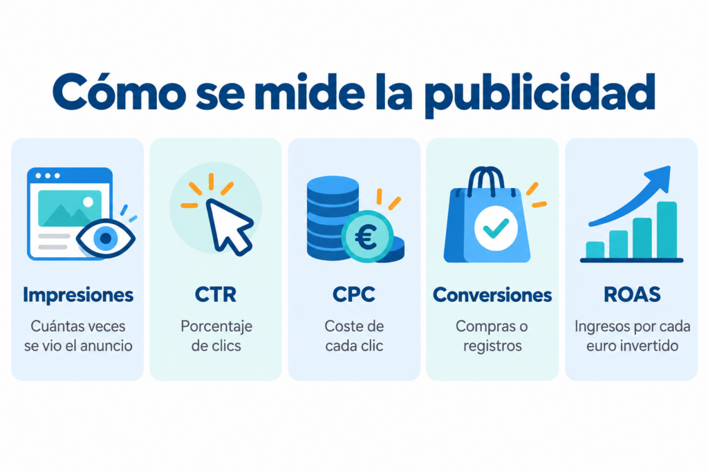Infográfico de como a publicidade é medida com cinco métricas: impressões, CTR, CPC, conversões e ROAS