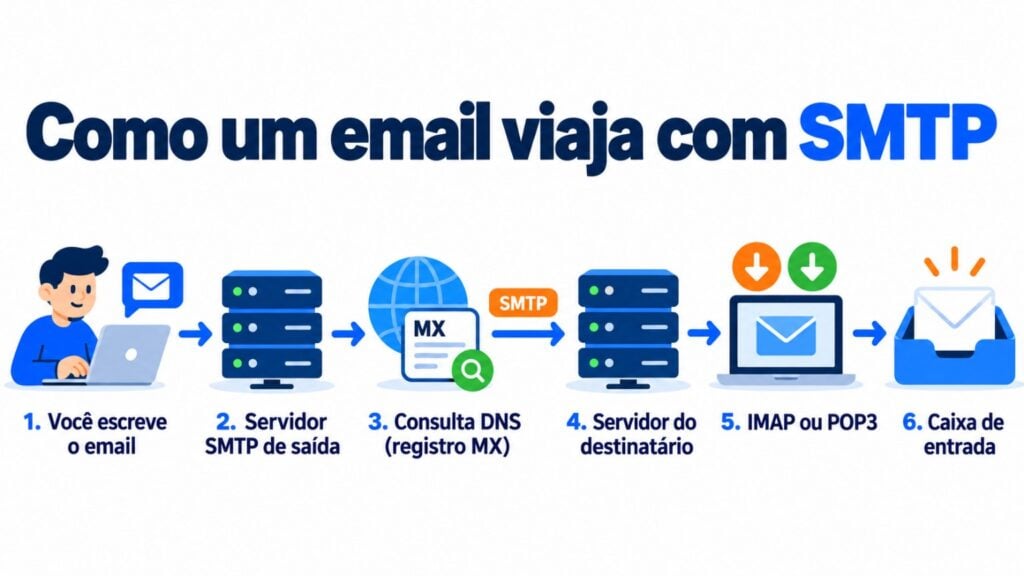 Como um email viaja com SMTP: você escreve o email, servidor SMTP de saída, consulta DNS (registro MX), servidor do destinatário, IMAP ou POP3 e caixa de entrada