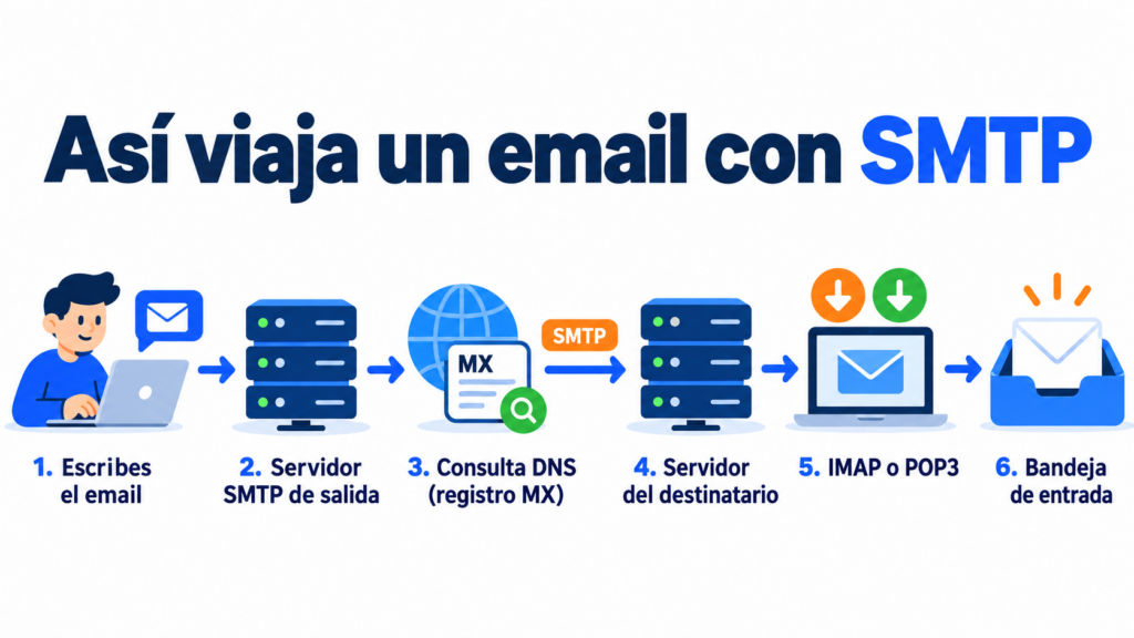 Así viaja un email con SMTP: escribes el email, servidor SMTP de salida, consulta DNS (registro MX), servidor del destinatario, IMAP o POP3 y bandeja de entrada
