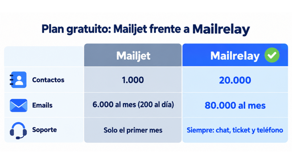 Comparação do plano gratuito do Mailjet e da Mailrelay: 1.000 contra 20.000 contatos, 6.000 emails por mês com 200 por dia contra 80.000 por mês, e suporte só no primeiro mês contra suporte sempre