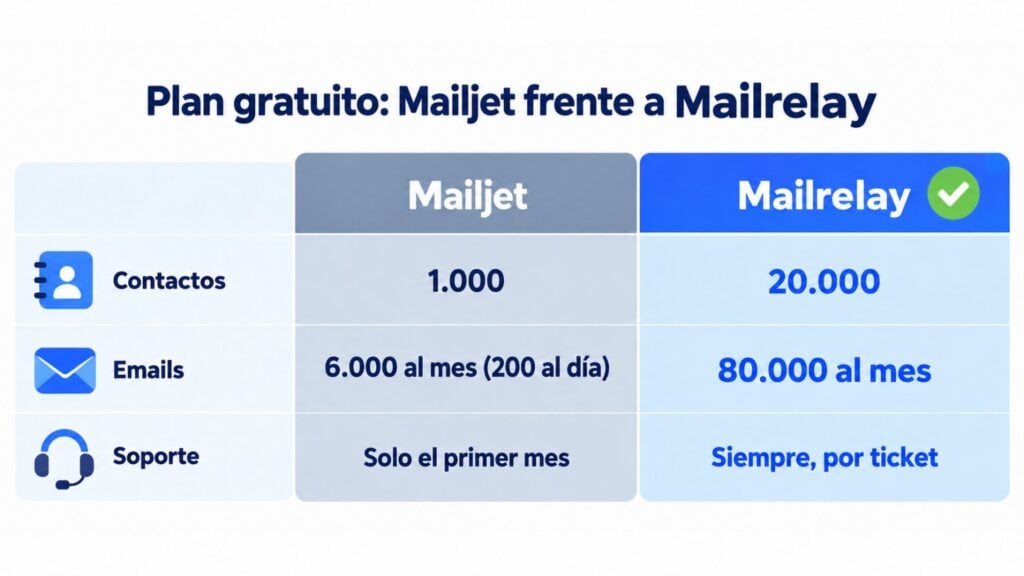 Comparativo do plano gratuito do Mailjet e da Mailrelay: 1.000 contra 20.000 contatos, 6.000 emails por mês com 200 por dia contra 80.000 por mês e suporte só no primeiro mês contra suporte sempre por ticket