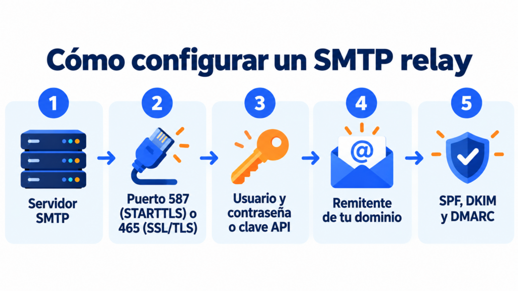 Dados para configurar um SMTP relay: servidor SMTP, porta 587 com STARTTLS ou 465 com SSL/TLS, usuário e senha ou chave de API, remetente do seu domínio e registros SPF, DKIM e DMARC