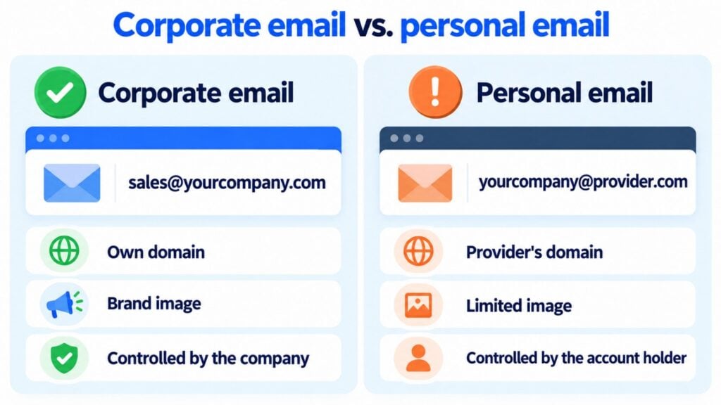 Corporate email vs. personal email: sales@yourcompany.com uses your own domain, strengthens your brand image and is controlled by the company; yourcompany@provider.com uses the provider's domain, gives a limited image and is controlled by its holder