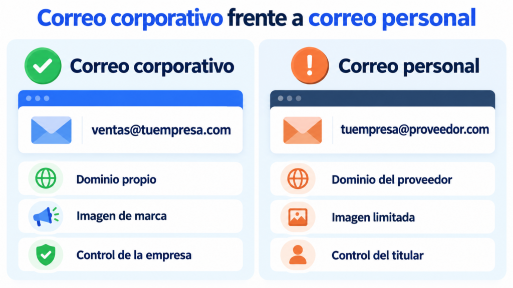 Corporate email vs. personal email: sales@yourcompany.com uses your own domain, strengthens your brand image and is controlled by the company; yourcompany@provider.com uses the provider's domain, gives a limited image and is controlled by its holder