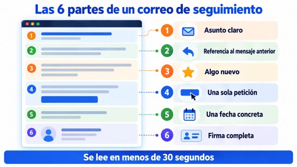 As 6 partes de um email de acompanhamento: assunto claro, referência à mensagem anterior, algo novo, um único pedido, uma data e assinatura completa
