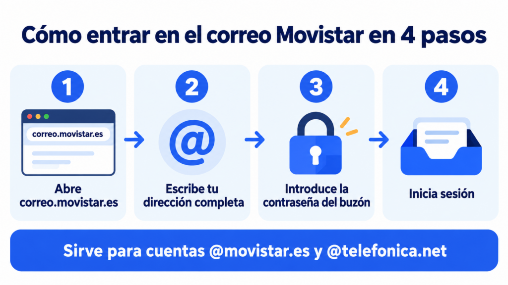 Cómo entrar en el correo Movistar en 4 pasos: abre correo.movistar.es, escribe tu dirección completa, introduce la contraseña del buzón e inicia sesión