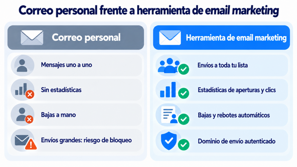 Correo personal frente a herramienta de email marketing: envíos uno a uno sin estadísticas frente a envíos a toda la lista con estadísticas, bajas automáticas y dominio autenticado