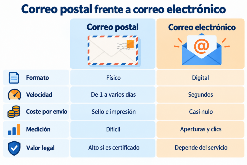 Infográfico que compara o correio postal e o email em formato, velocidade, custo por envio, medição e valor legal