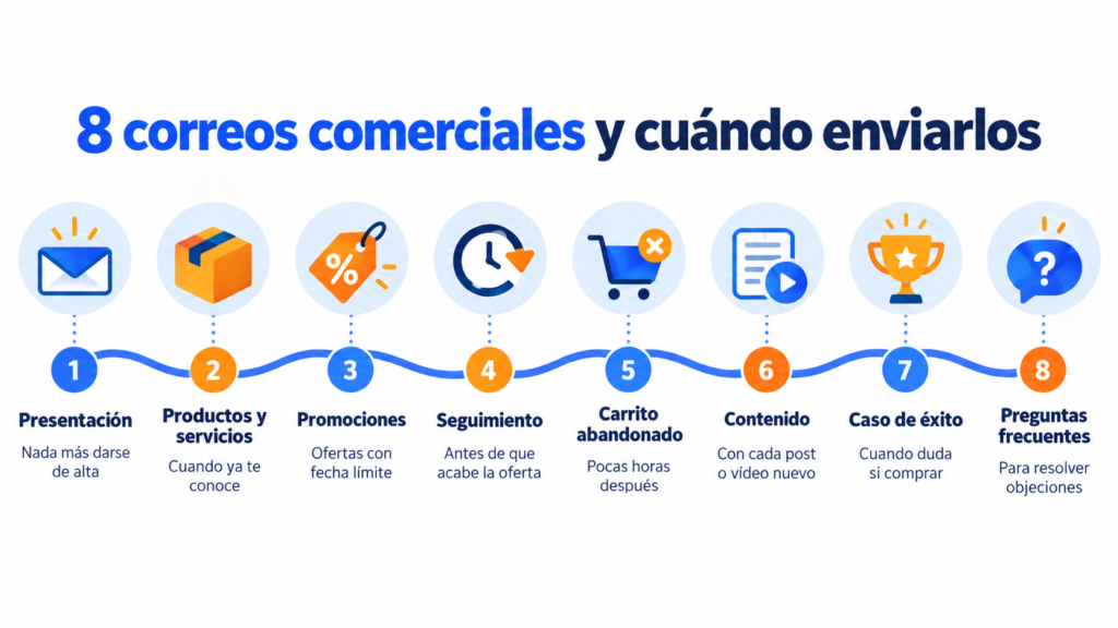 Los 8 correos comerciales y cuándo enviar cada uno: presentación, productos y servicios, promociones, seguimiento, carrito abandonado, contenido, caso de éxito y preguntas frecuentes