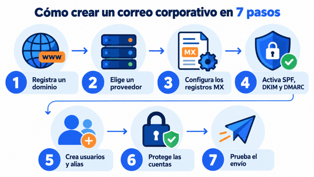 How to create a corporate email in 7 steps: register a domain, choose a provider, configure the MX records, enable SPF, DKIM and DMARC, create users and aliases, protect the accounts and test sending