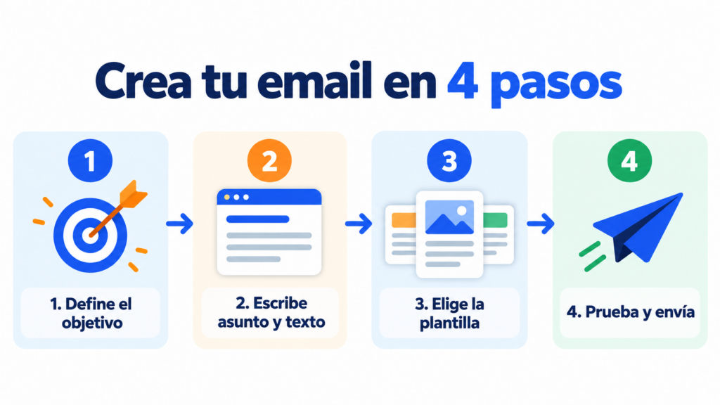 Cómo crear un email de marketing en 4 pasos: define el objetivo, escribe asunto y texto, elige la plantilla, prueba y envía