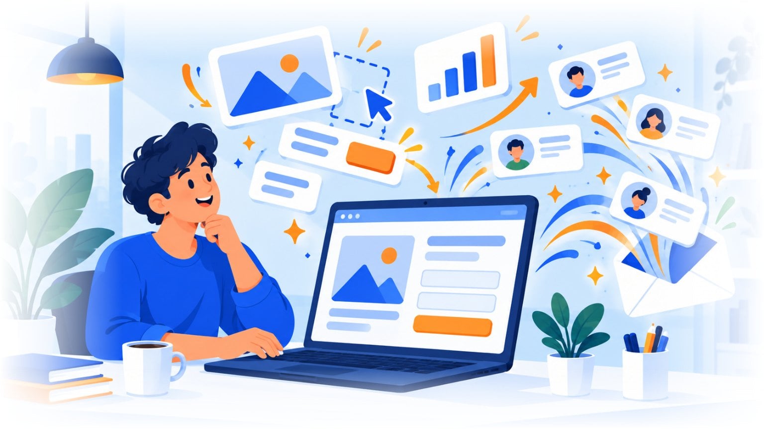 Pessoa criando uma landing page com um formulário de inscrição no notebook, com novos contatos entrando em uma lista de assinantes