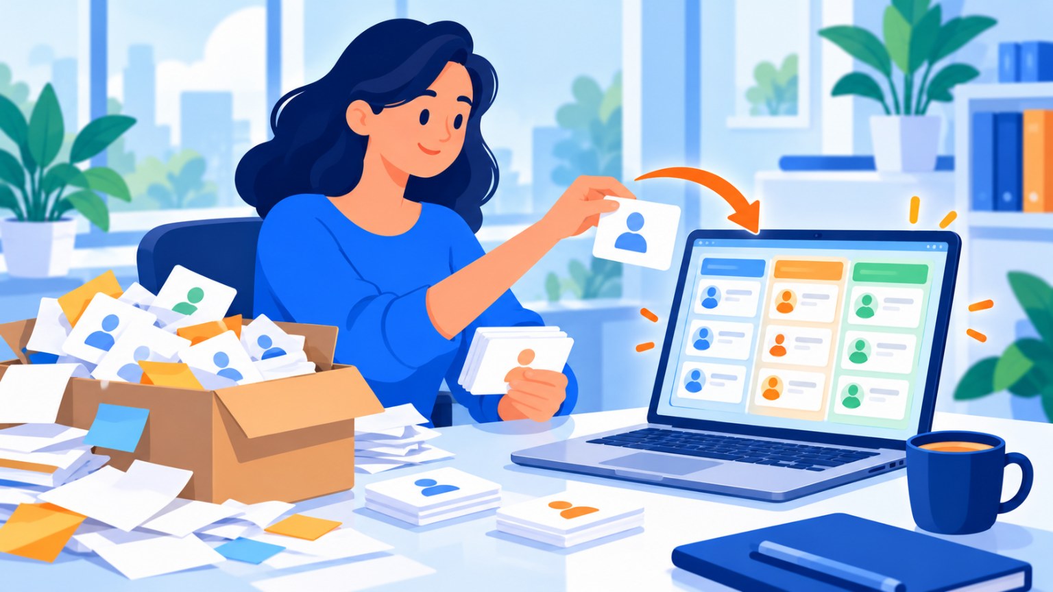 Persona organizando las fichas de sus clientes en un CRM gratis en su portátil