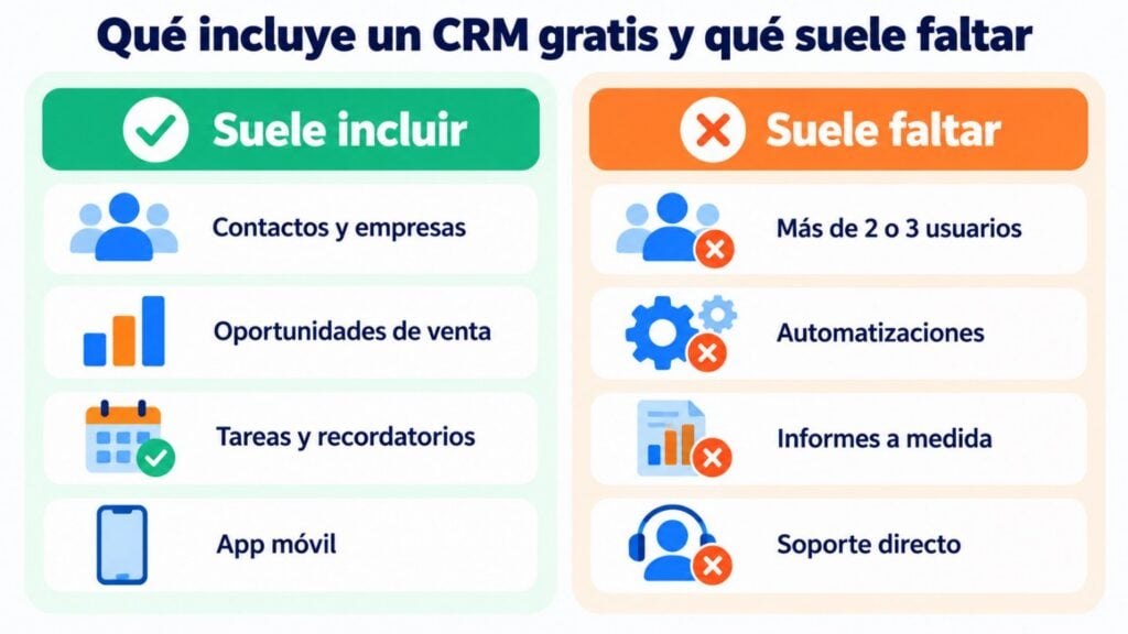 Infografía: qué incluye un CRM gratis y qué suele faltar en el plan gratuito