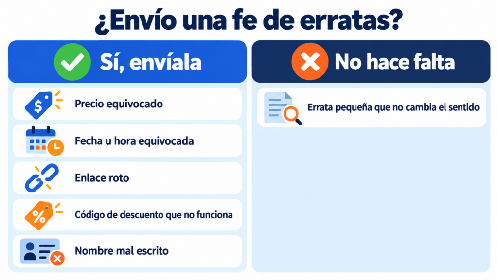 When to send an errata notice by email: yes for a wrong price, date or time, a broken link, a discount code that doesn't work or a misspelled name; no for a small typo that doesn't change the meaning