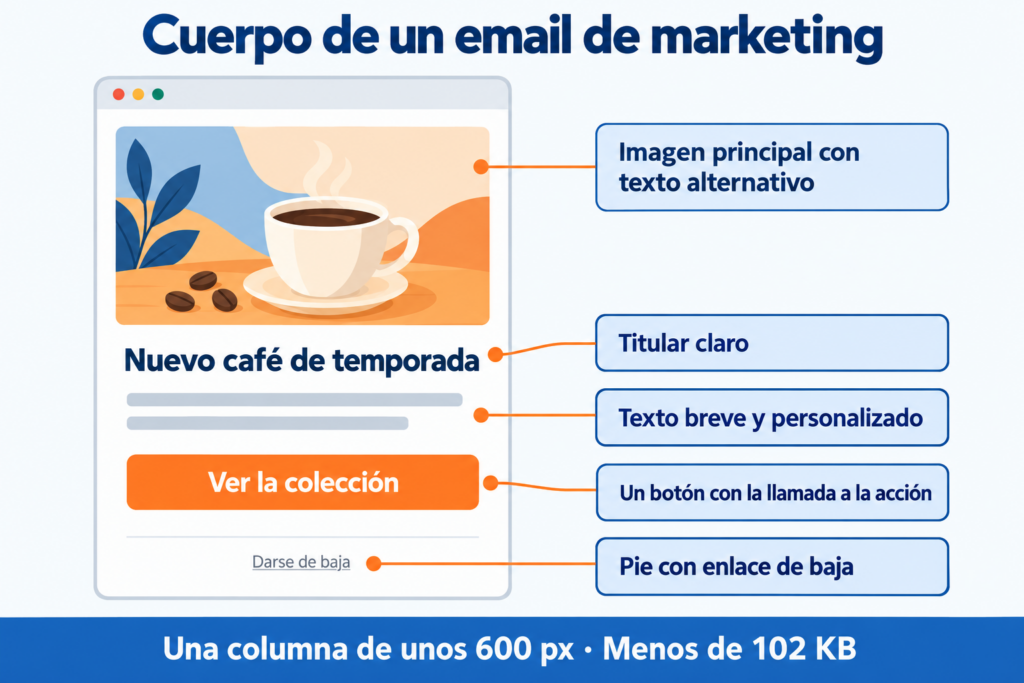 Cuerpo de un email de marketing: imagen principal, bloques de contenido, botón y pie con enlace de baja