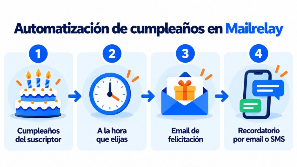 Birthday automation in Mailrelay: subscriber's birthday, sent at the time you choose, birthday email and reminder by email or SMS