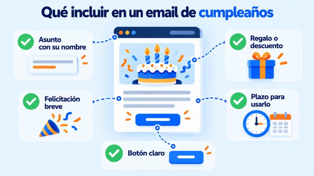 What to include in a birthday email: a subject line with their name, a short greeting, a gift or discount, a deadline to use it and a clear button