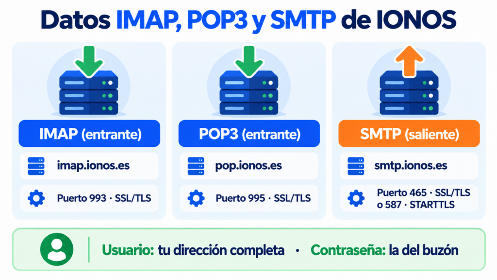 IONOS IMAP, POP3 and SMTP settings: imap.ionos.es on port 993 with SSL/TLS, pop.ionos.es on 995 with SSL/TLS and smtp.ionos.es on 465 with SSL/TLS or on 587 with STARTTLS; username: your full address; password: the mailbox password