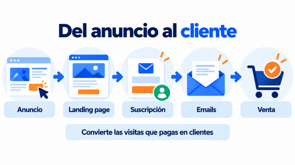 From ad to customer: the ad leads to a landing page, the contact subscribes and the emails turn them into a customer