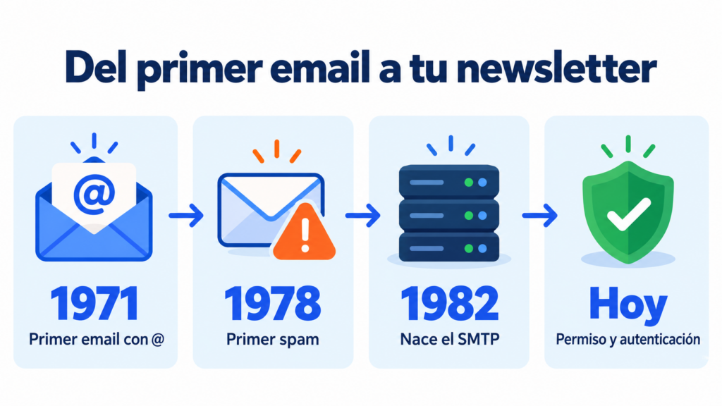 From the first email to your newsletter: 1971 first email with the at sign, 1978 first spam, 1982 SMTP, and today permission and authentication
