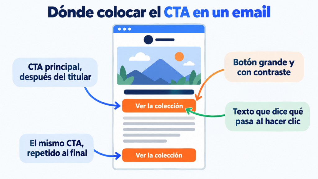 Dónde colocar el CTA en un email: el botón principal después del titular, el mismo CTA repetido al final, un botón grande y con contraste y un texto que dice qué pasa al hacer clic