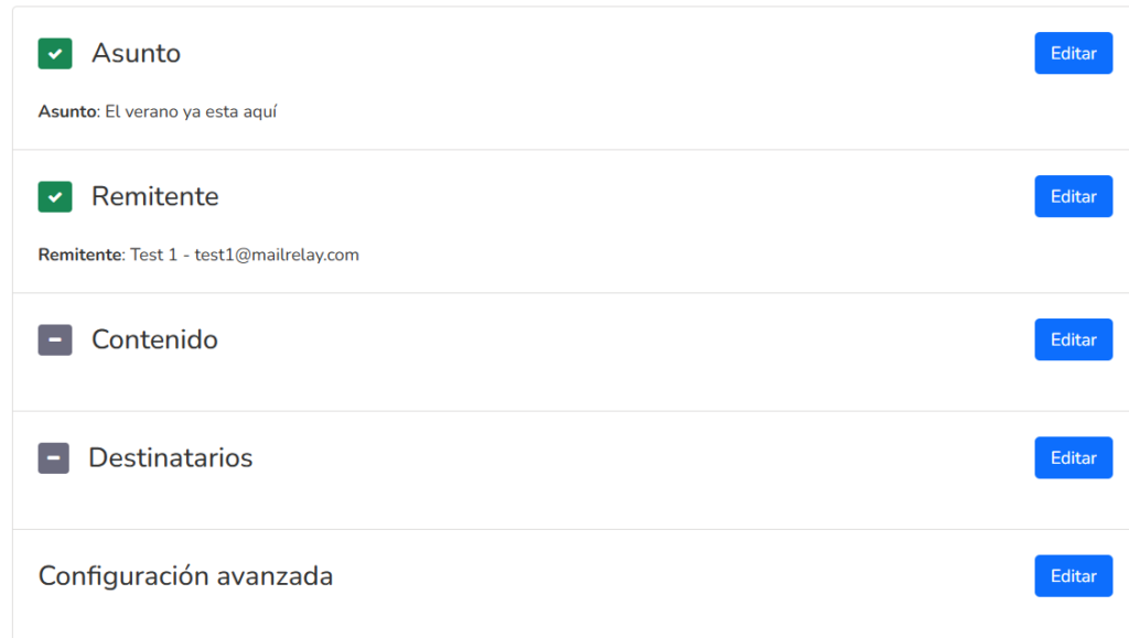 Panel del boletín con asunto, remitente, contenido y destinatarios en Mailrelay