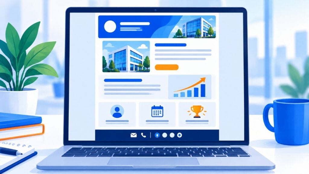Outline of a corporate newsletter template on a laptop: header, main story, success story, news and contact