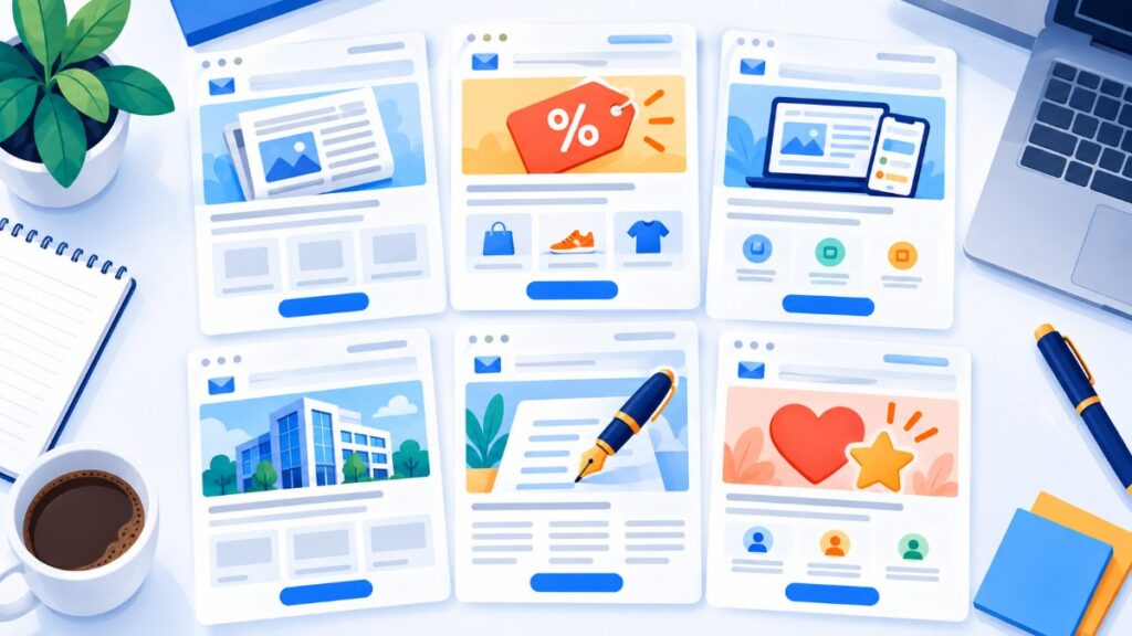 Six types of newsletters shown on cards: informational, promotional, product, corporate, editorial and loyalty
