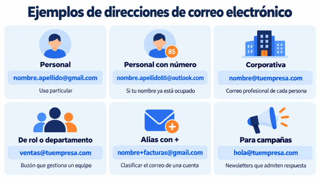 Ejemplos de direcciones de correo electrónico: personal, personal con número, corporativa, de rol o departamento, alias con + y dirección para campañas, con un ejemplo y el uso de cada una
