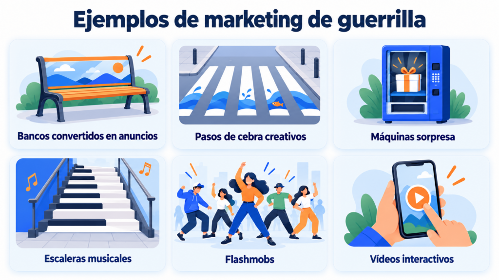 Infografía con seis ejemplos de marketing de guerrilla: bancos convertidos en anuncios, pasos de cebra creativos, máquinas sorpresa, escaleras musicales, flashmobs y vídeos interactivos