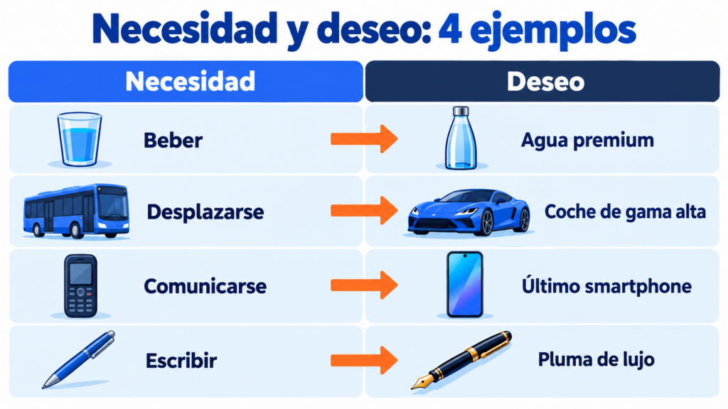 Necesidad y deseo, 4 ejemplos: beber y agua premium, desplazarse y coche de gama alta, comunicarse y último smartphone, escribir y pluma de lujo
