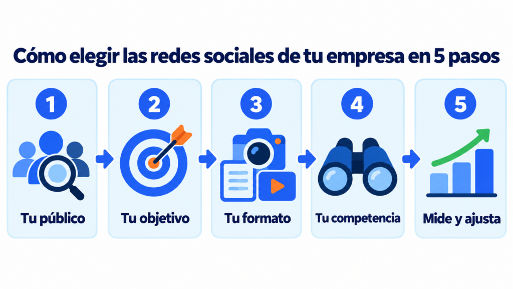 Infografía de cómo elegir las redes sociales de tu empresa en 5 pasos: público, objetivo, formato, competencia y medición
