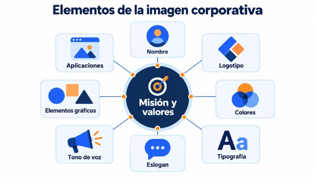 Elementos de la imagen corporativa: misión y valores en el centro, rodeados de nombre, logotipo, colores, tipografía, eslogan, tono de voz, elementos gráficos y aplicaciones