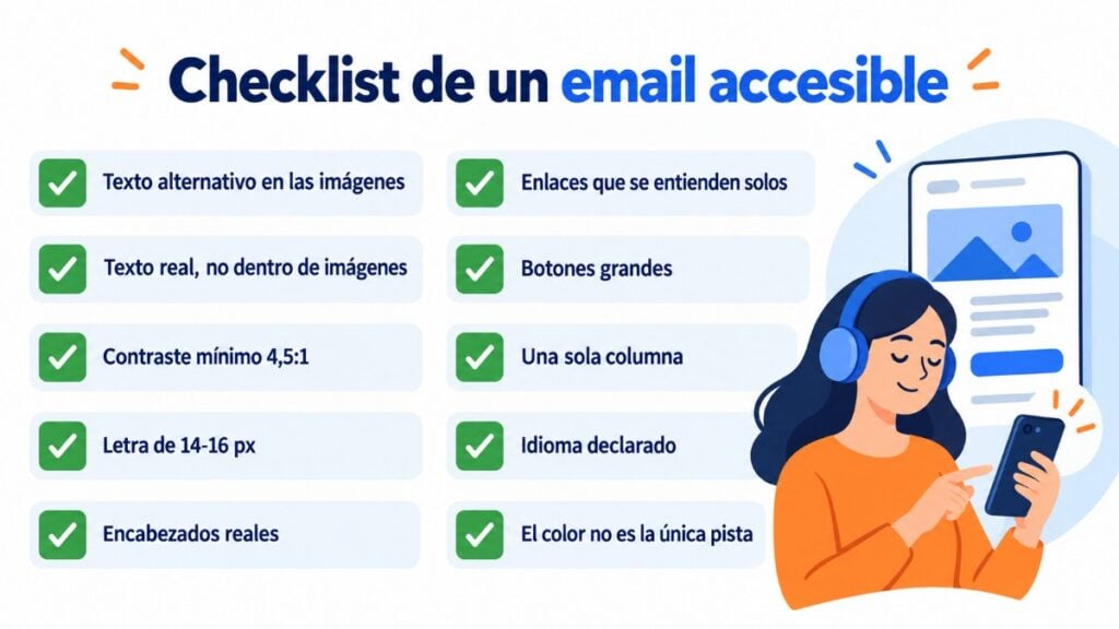 Checklist de un email accesible: texto alternativo, texto real, contraste 4,5:1, letra de 14-16 px, encabezados, enlaces claros, botones grandes, una columna, idioma y color