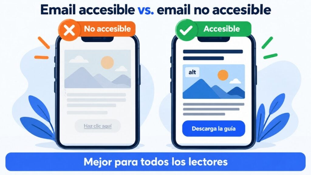 Email accesible frente a email no accesible: una sola imagen y enlace «haz clic aquí» frente a texto real, encabezado, texto alternativo y botón grande